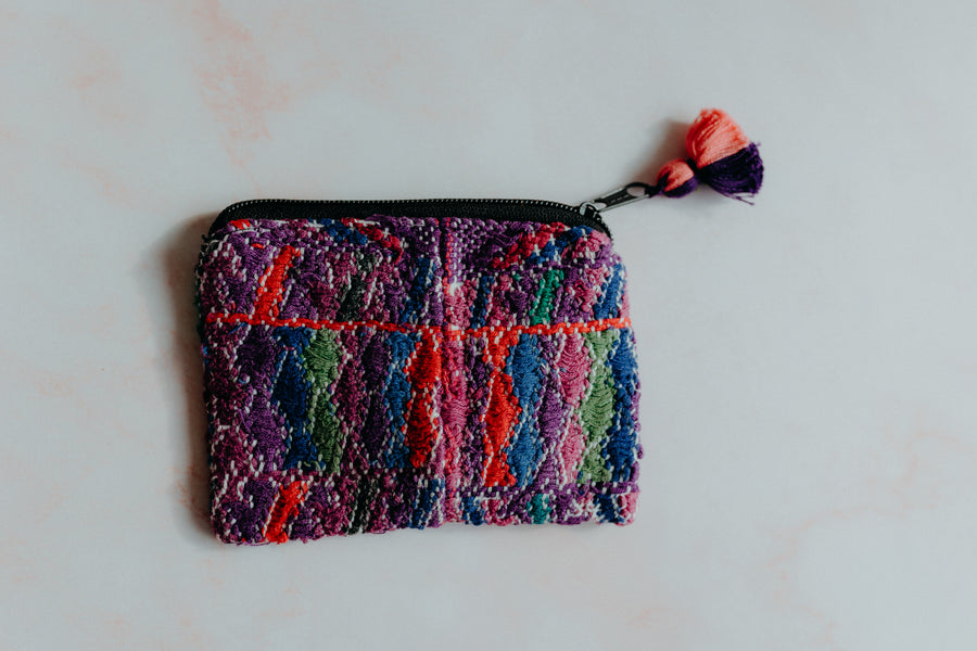 Handmade coin pouch bag, colourful traditional indigenous upcycled textile