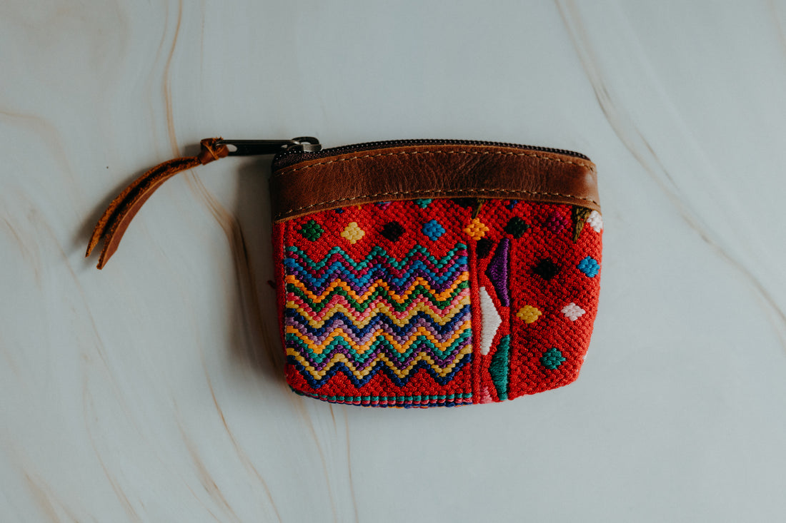 Colourful mini coin pouch with brown leather detail