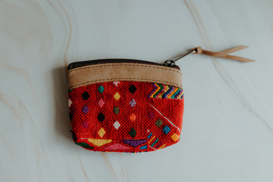Colourful mini coin pouch with grey leather detail