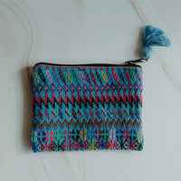 Mini upcycled pouch bag, light blue with fun colourful pattern