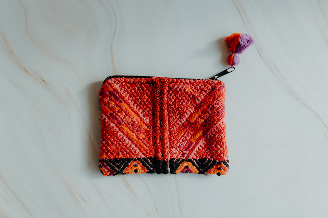 Handmade upcycled coin pouch bag, red with colourful details