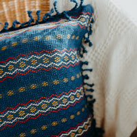 Close up blue handmade cushion cover