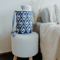 Blue and white crochet bucket bag