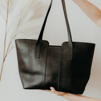 Back of black leather tote handbag