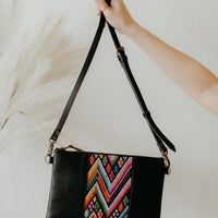 Crossbody black leather colourful boho chic handbag