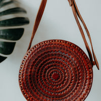 Tooled leather, boho chic round handmade bag